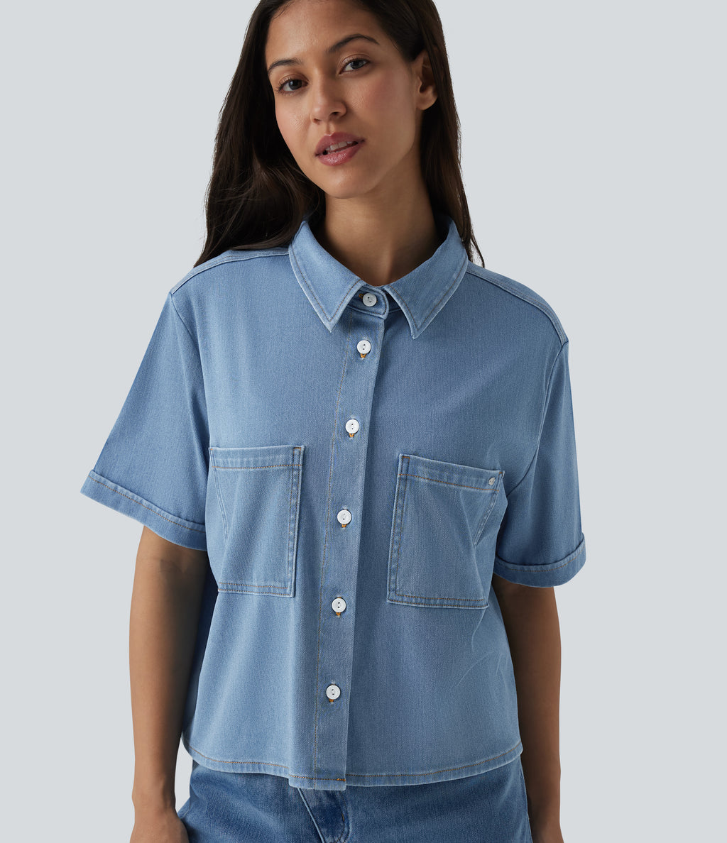 Short Sleeve Draped Lyocell Denim Casual Shirt with Pockets — Malibu Blue Denim — view 4