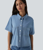 Short Sleeve Draped Lyocell Denim Casual Shirt with Pockets — Malibu Blue Denim — view 4