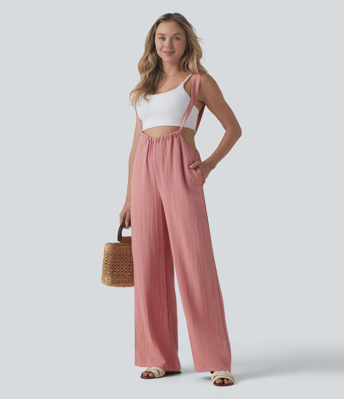 Tie Back Linen-Feel Dungarees with Pockets — Rosette — view 6