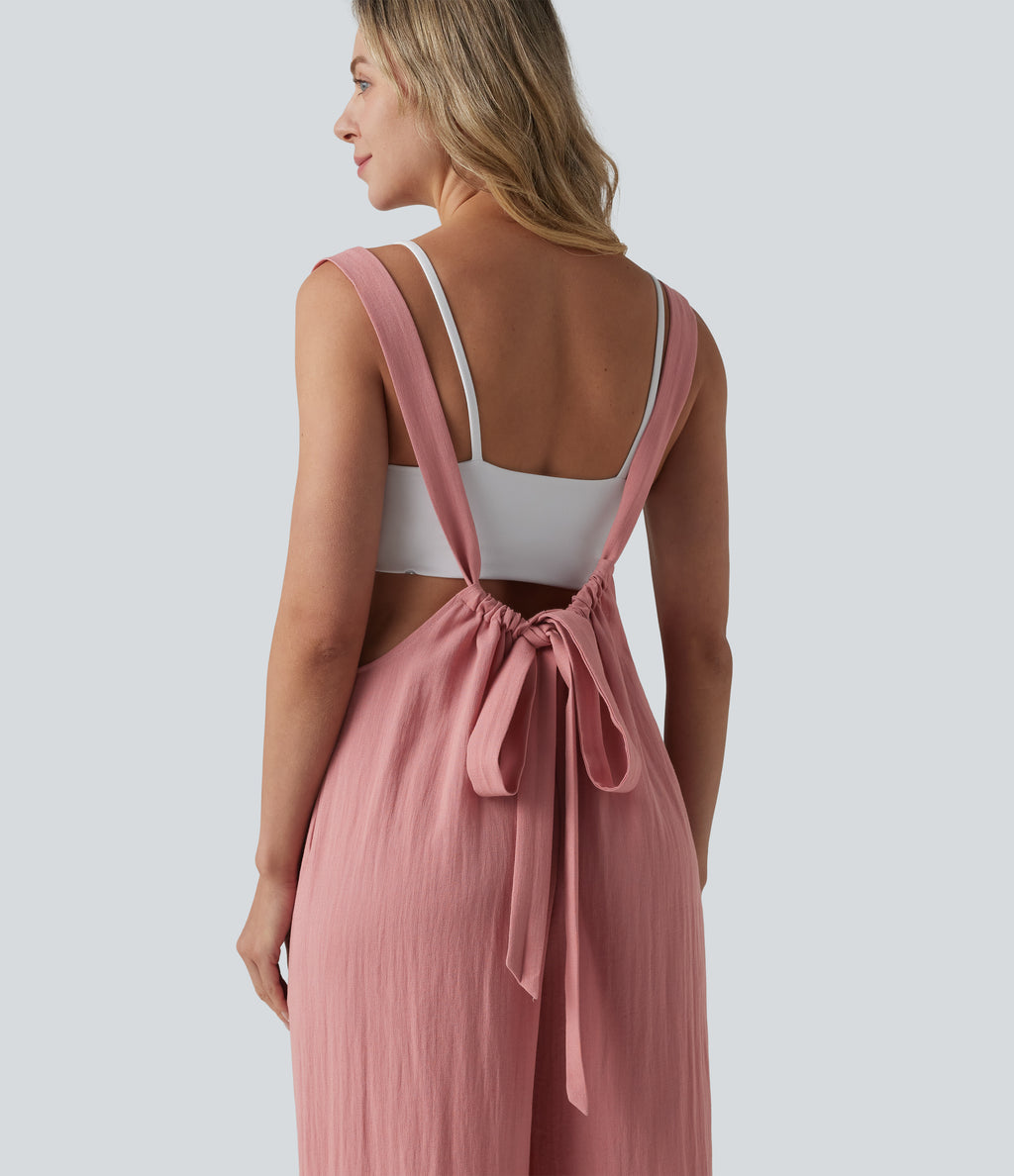 Tie Back Linen-Feel Dungarees with Pockets — Rosette — view 4