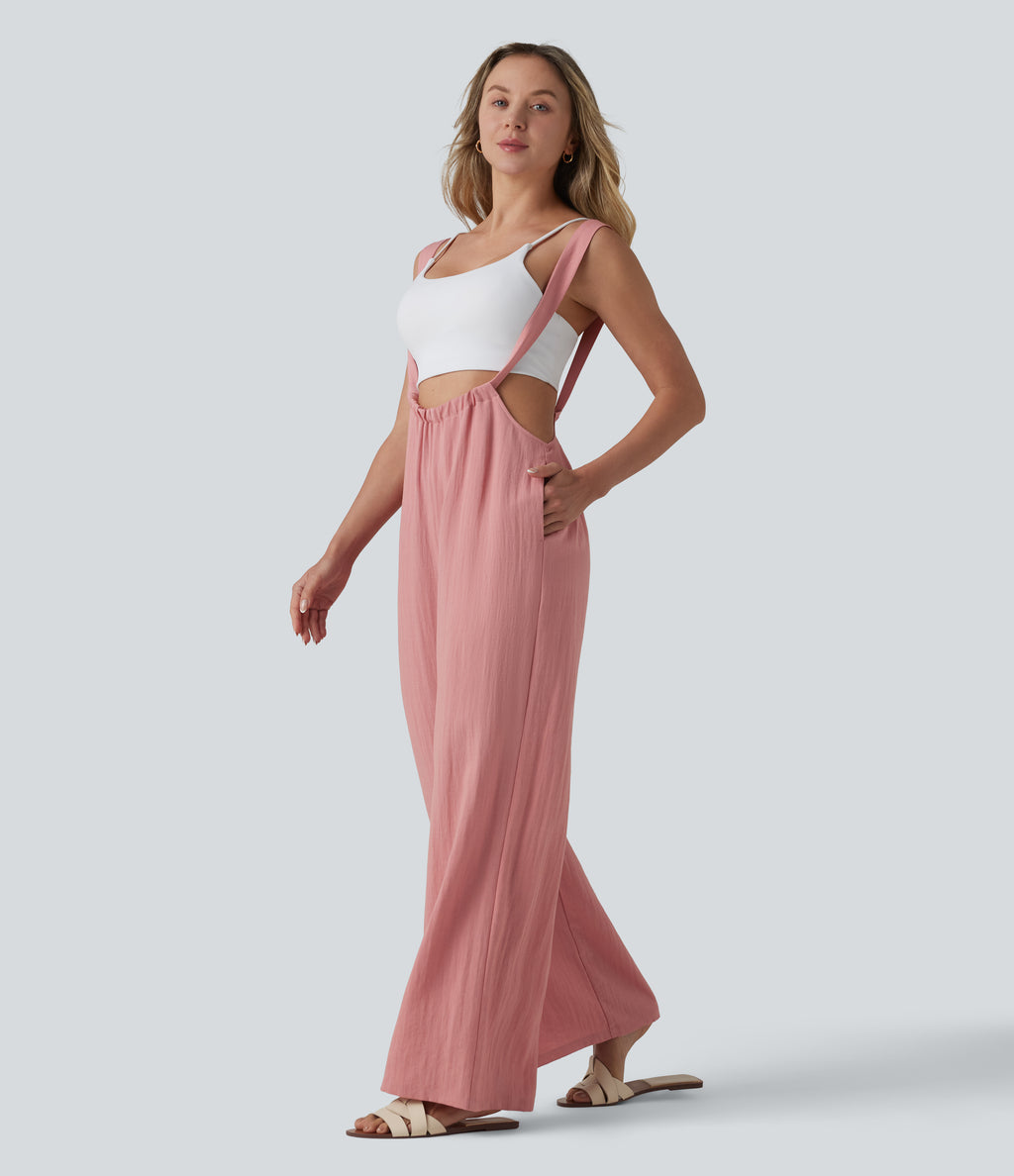 Tie Back Linen-Feel Dungarees with Pockets — Rosette — view 3