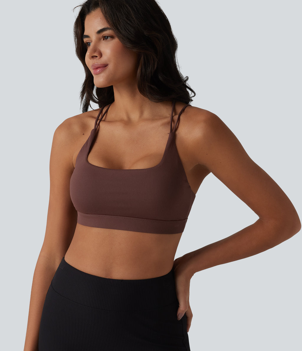 Ribbed Knit Low Support Square Neck Built-in Bra Yoga Sports Bra-UPF40+ — Bitter Chocolate — view 5