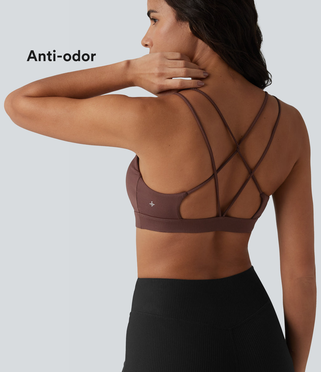 Ribbed Knit Low Support Square Neck Built-in Bra Yoga Sports Bra-UPF40+ — Bitter Chocolate — view 1