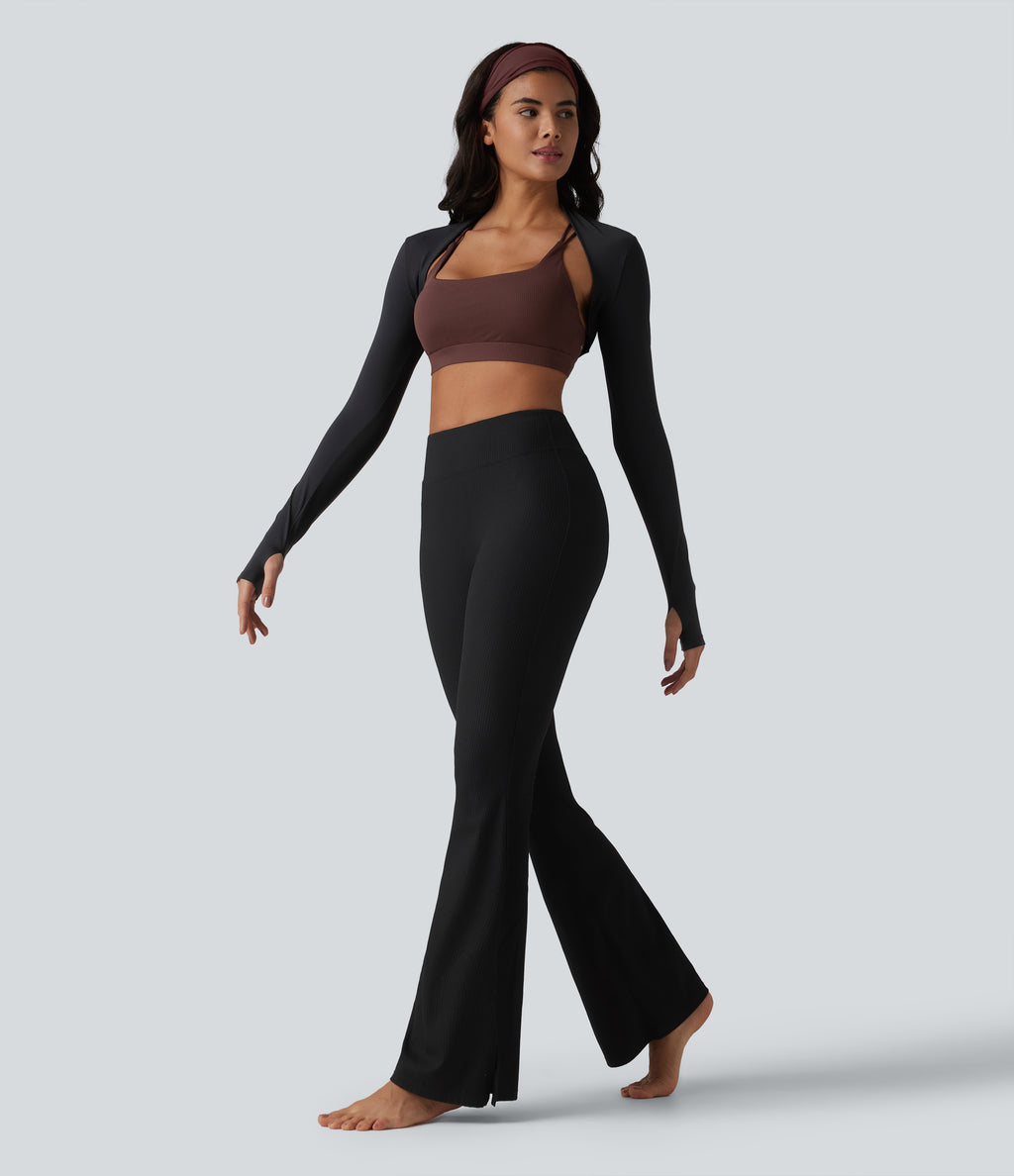 Ribbed Knit Low Support Square Neck Built-in Bra Yoga Sports Bra-UPF40+ — Bitter Chocolate — view 6