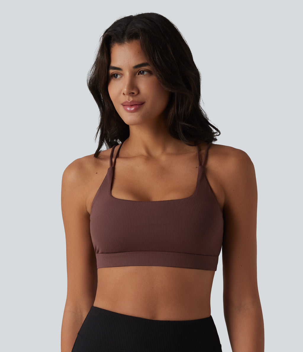 Ribbed Knit Low Support Square Neck Built-in Bra Yoga Sports Bra-UPF40+ — Bitter Chocolate — view 2