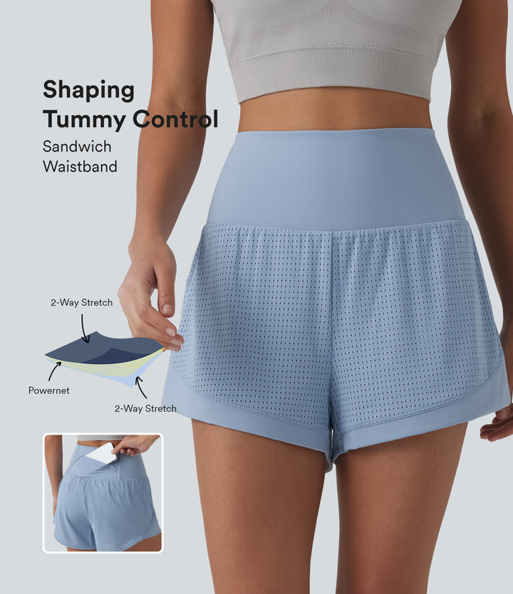 High Waisted Tummy Control Eyelet 2-in-1 Yoga Shorts 2.5'' with Pocket — Sky Blue — view 1