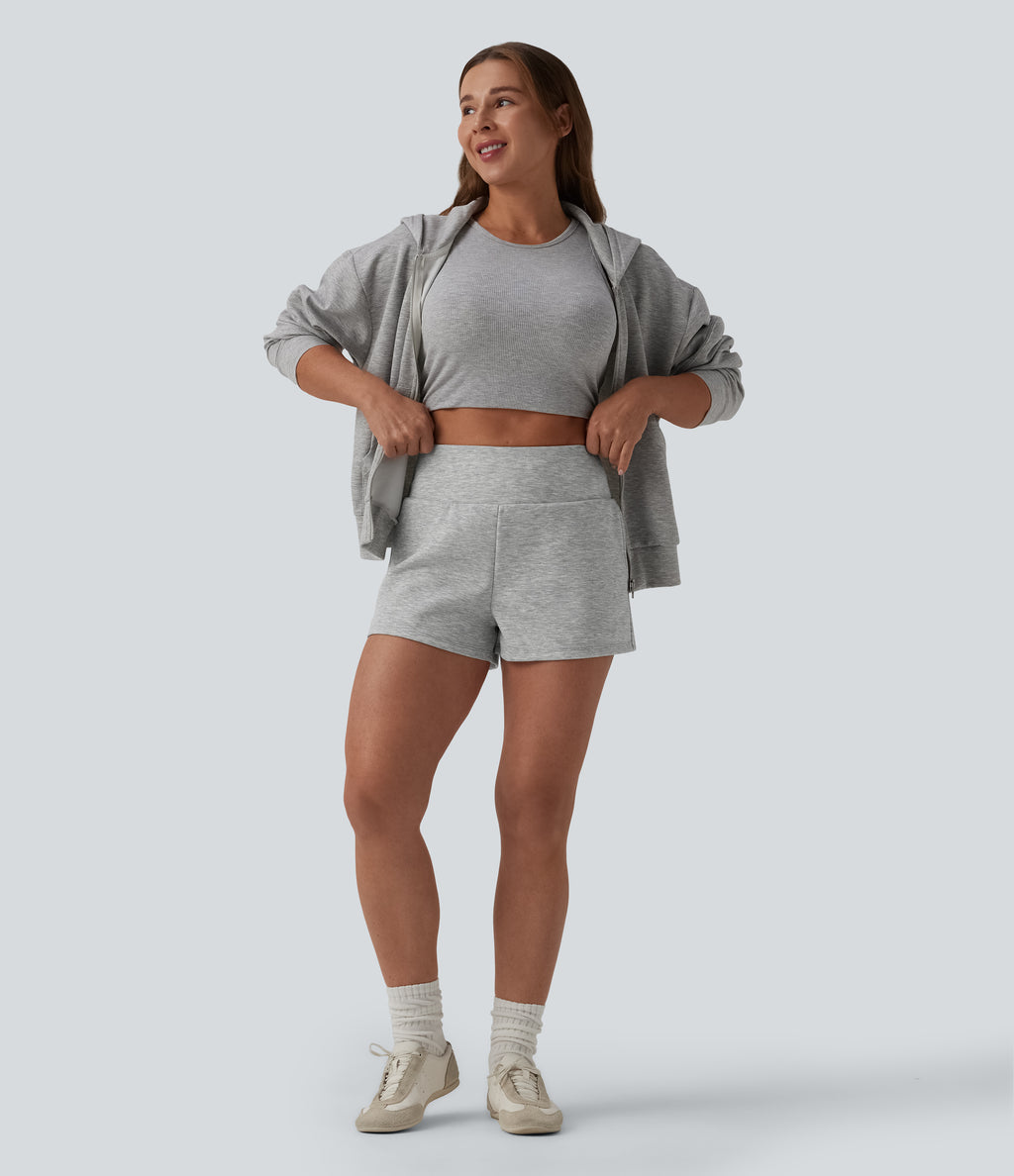 High Waisted Tummy Control 2-in-1 Casual Sweat Shorts 3'' with Pockets — Fog Gray — view 6