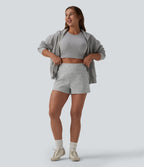 High Waisted Tummy Control 2-in-1 Casual Sweat Shorts 3'' with Pockets — Fog Gray — view 6