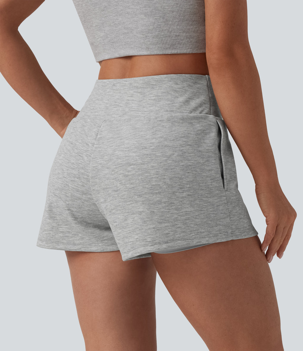 High Waisted Tummy Control 2-in-1 Casual Sweat Shorts 3'' with Pockets — Fog Gray — view 2