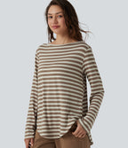 Boat Neck Long Sleeve Curved Hem Stripe Casual T-Shirt — Latte Wave — view 1