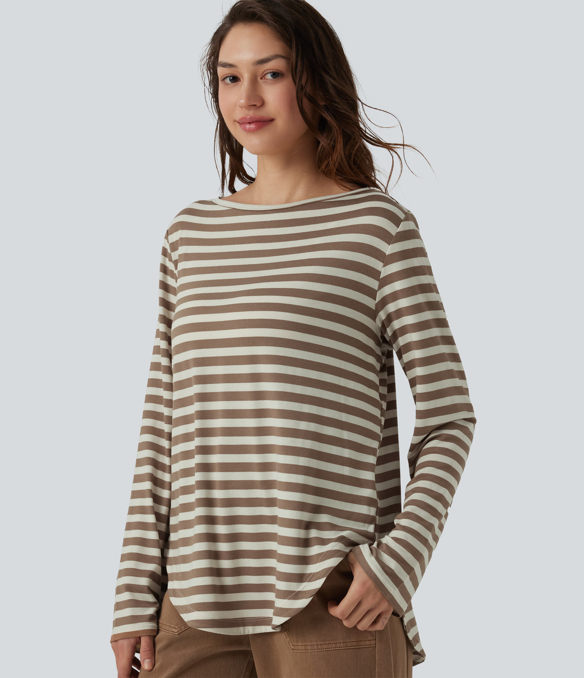 Boat Neck Long Sleeve Curved Hem Stripe Casual T-Shirt — Latte Wave — view 1