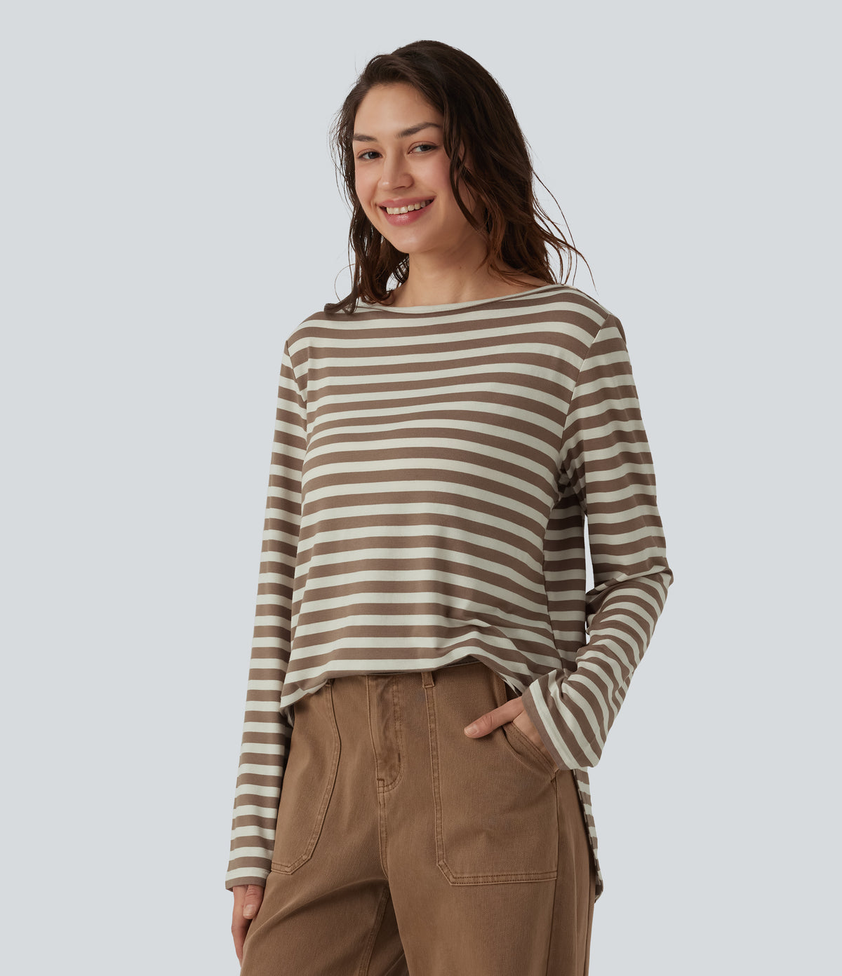 Boat Neck Long Sleeve Curved Hem Stripe Casual T-Shirt — Latte Wave — view 4