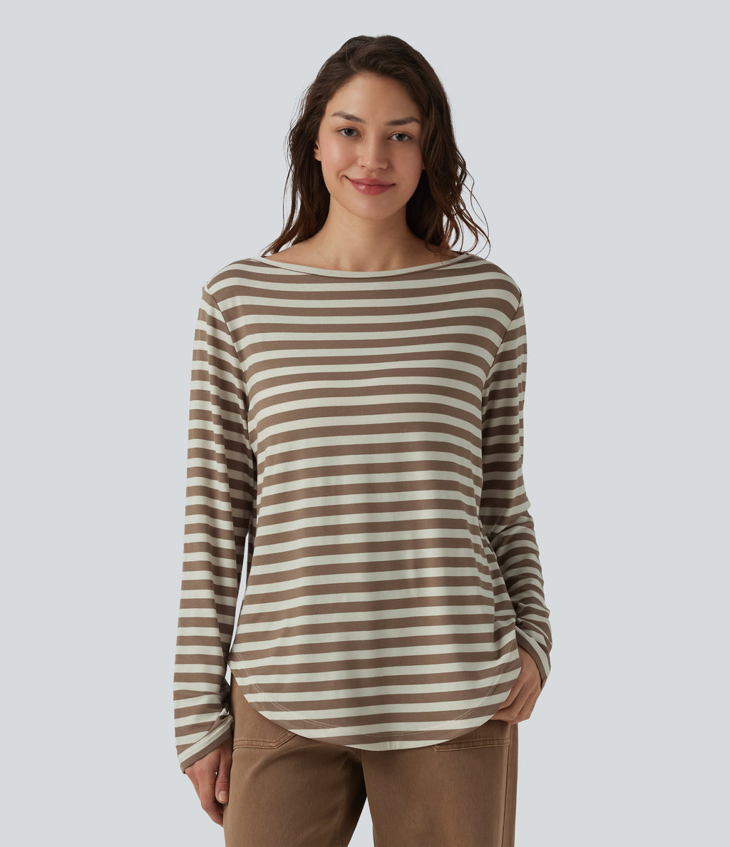 Boat Neck Long Sleeve Curved Hem Stripe Casual T-Shirt — Latte Wave — view 7