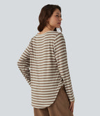 Boat Neck Long Sleeve Curved Hem Stripe Casual T-Shirt — Latte Wave — view 3