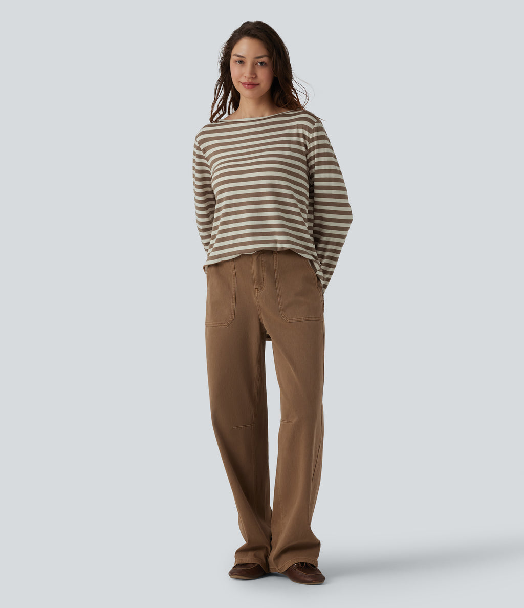 Boat Neck Long Sleeve Curved Hem Stripe Casual T-Shirt — Latte Wave — view 8