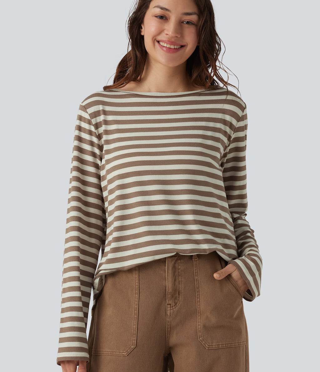 Boat Neck Long Sleeve Curved Hem Stripe Casual T-Shirt — Latte Wave — view 2