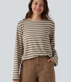 Boat Neck Long Sleeve Curved Hem Stripe Casual T-Shirt — Latte Wave — view 2