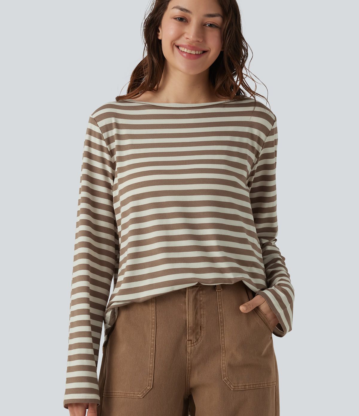 Boat Neck Long Sleeve Curved Hem Stripe Casual T-Shirt — Latte Wave — view 2