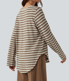Boat Neck Long Sleeve Curved Hem Stripe Casual T-Shirt — Latte Wave — view 6