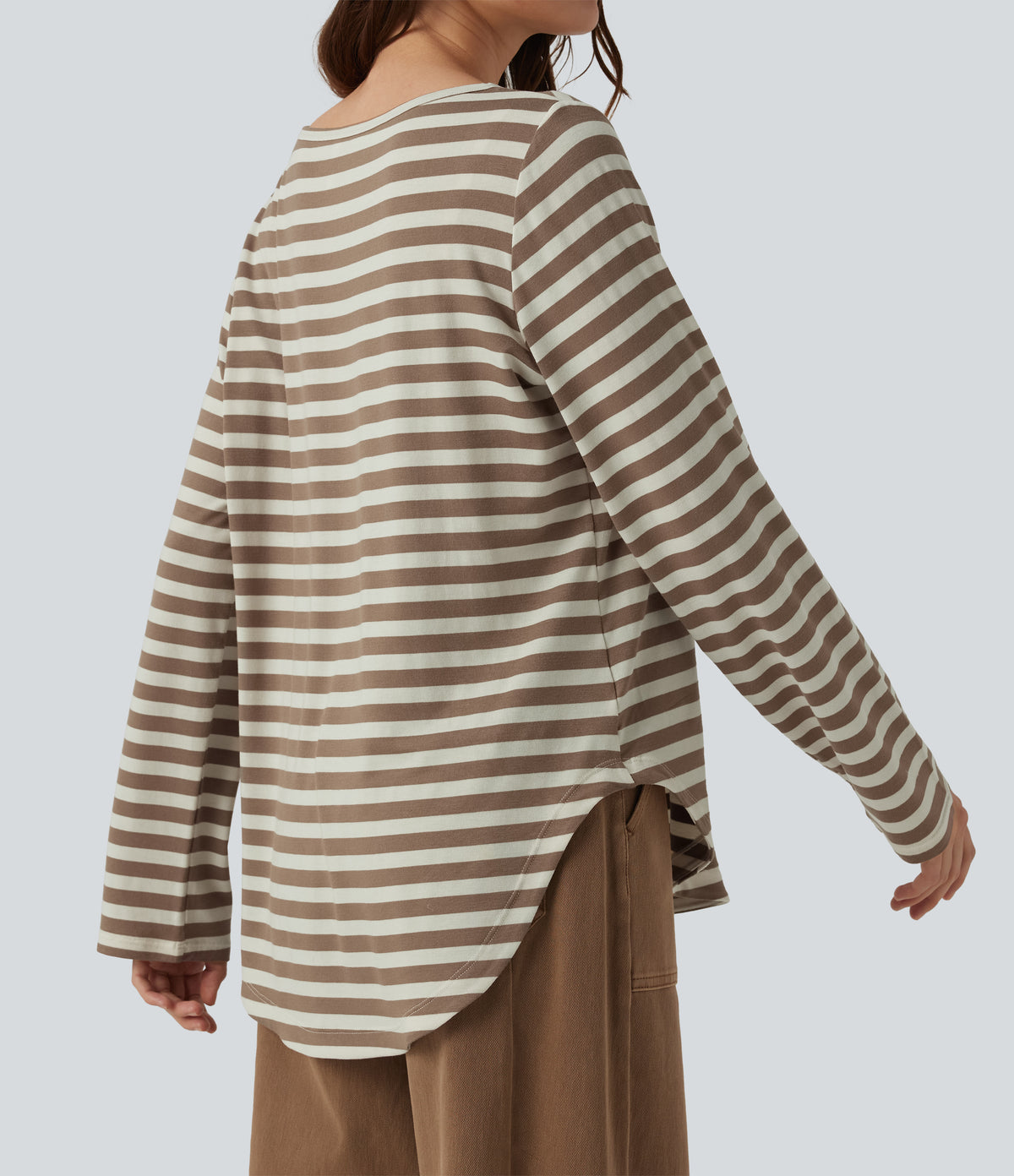 Boat Neck Long Sleeve Curved Hem Stripe Casual T-Shirt — Latte Wave — view 6