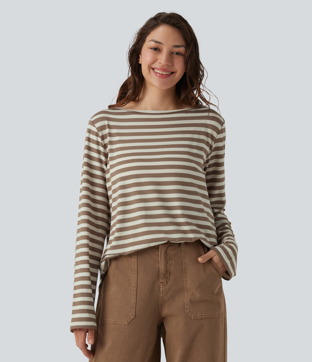 Boat Neck Long Sleeve Curved Hem Stripe Casual T-Shirt — Latte Wave — view 5