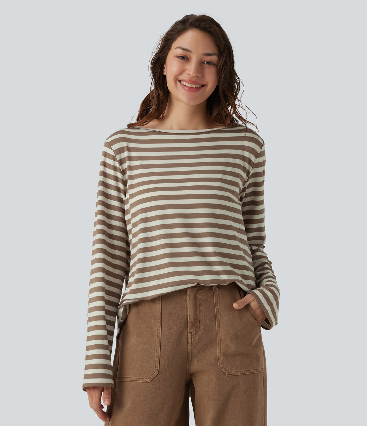 Boat Neck Long Sleeve Curved Hem Stripe Casual T-Shirt — Latte Wave — view 5