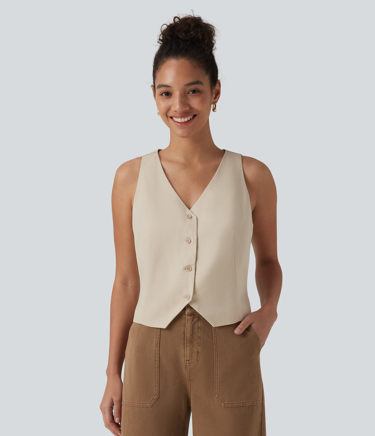 V Neck Casual Linen-Blend Vest — French Oak — view 5