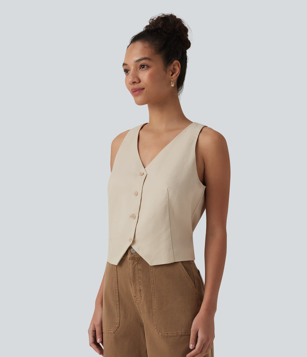 V Neck Casual Linen-Blend Vest — French Oak — view 4