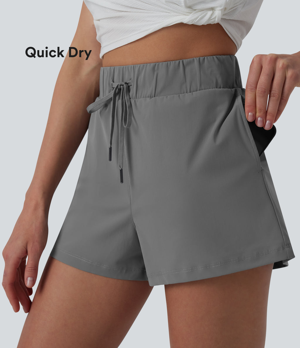 High Waisted Drawstring Quick Dry InstantCool Running Shorts 2.5'' with Pockets-UPF40+ — Steel Gray — view 1