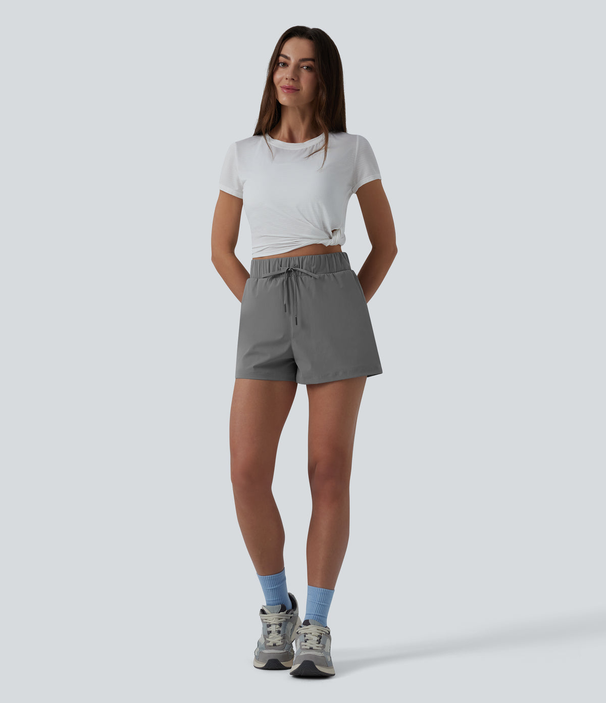 High Waisted Drawstring Quick Dry InstantCool Running Shorts 2.5'' with Pockets-UPF40+ — Steel Gray — view 6