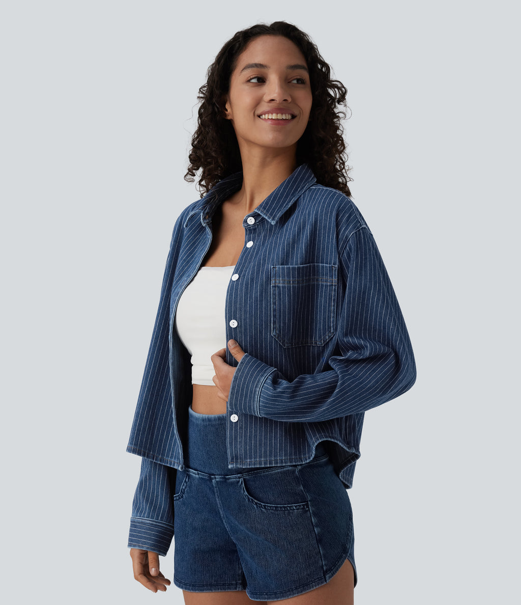 Long Sleeve Stripe Denim Casual Shirt with Pocket — Tide Blue Denim — view 1