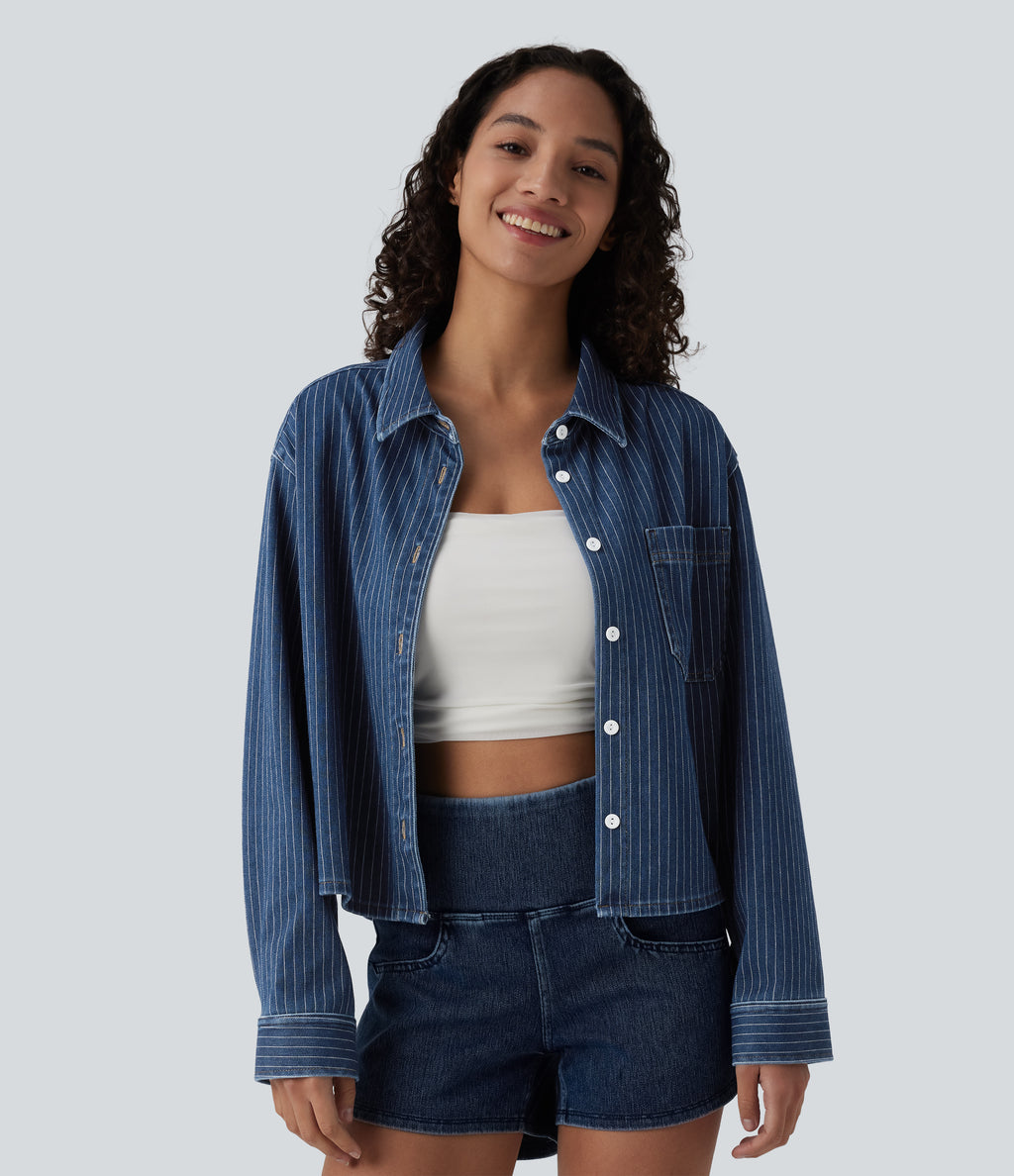 Long Sleeve Stripe Denim Casual Shirt with Pocket — Tide Blue Denim — view 3