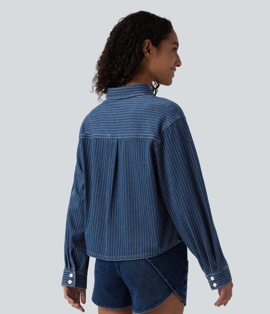 Long Sleeve Stripe Denim Casual Shirt with Pocket — Tide Blue Denim — view 2