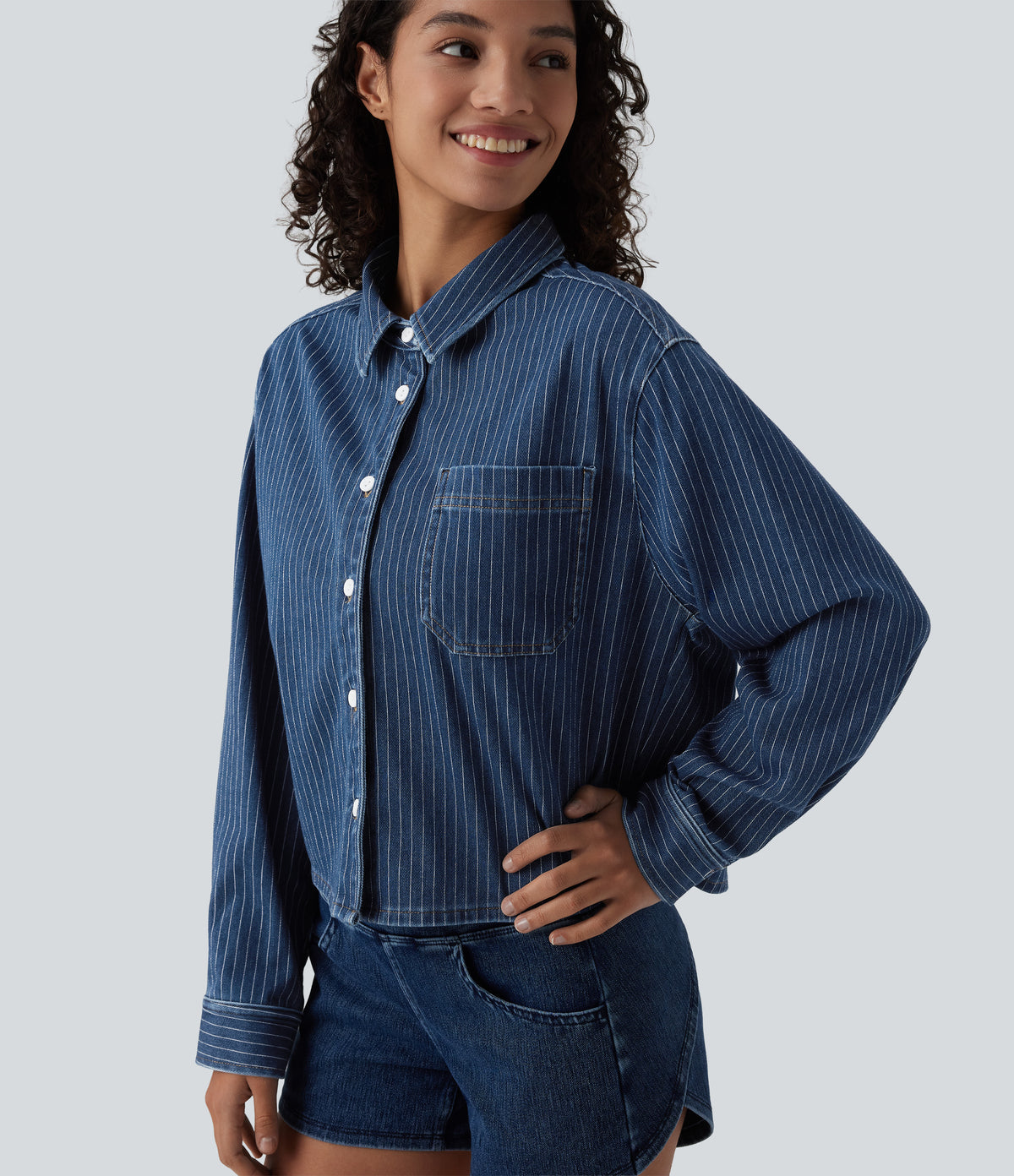 Long Sleeve Stripe Denim Casual Shirt with Pocket — Tide Blue Denim — view 5