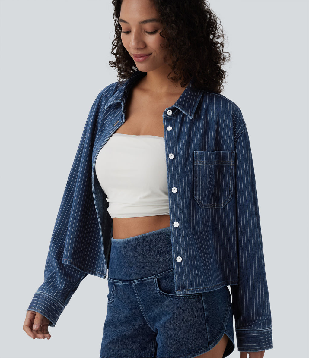 Long Sleeve Stripe Denim Casual Shirt with Pocket — Tide Blue Denim — view 4