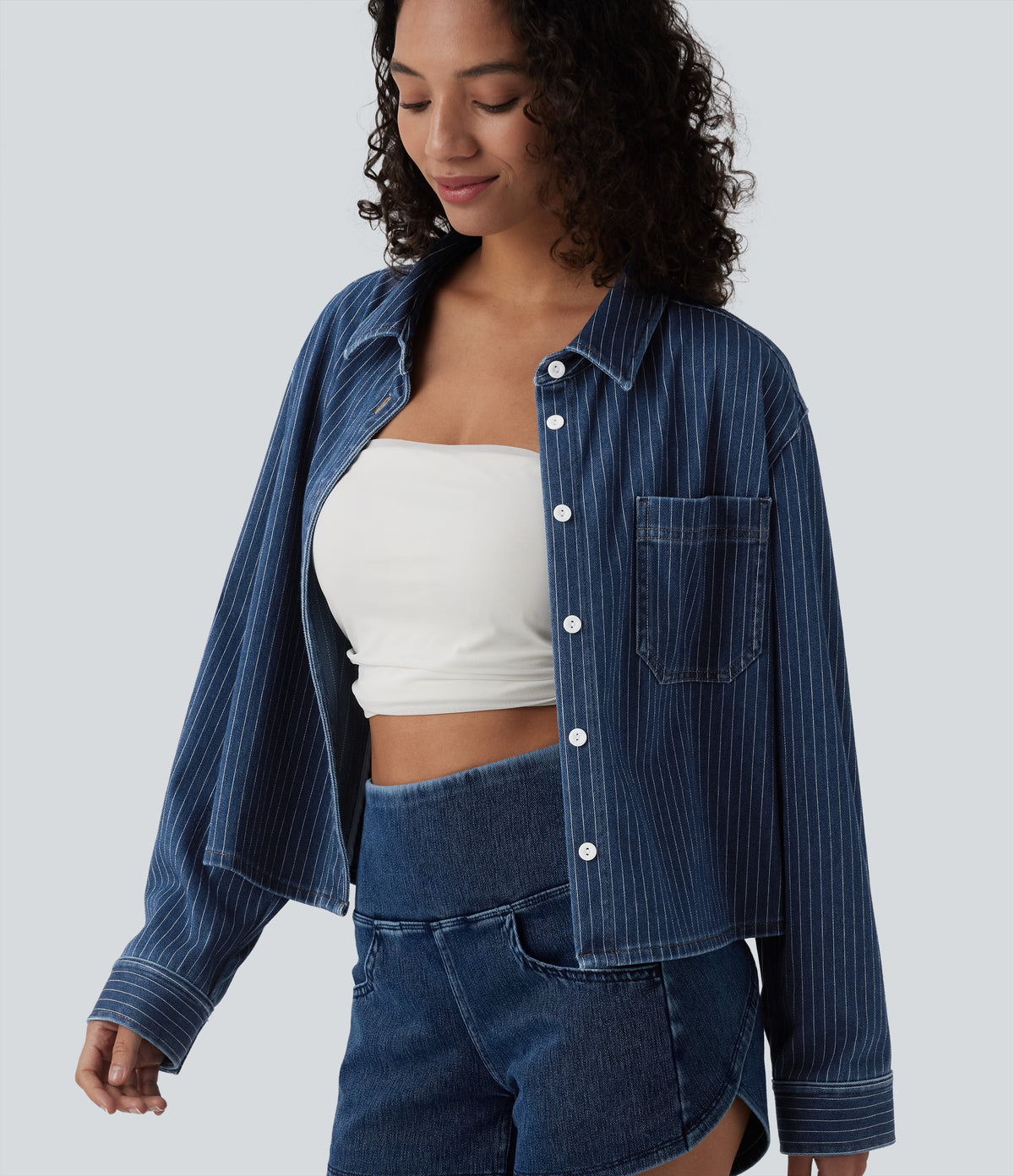 Long Sleeve Stripe Denim Casual Shirt with Pocket — Tide Blue Denim — view 4