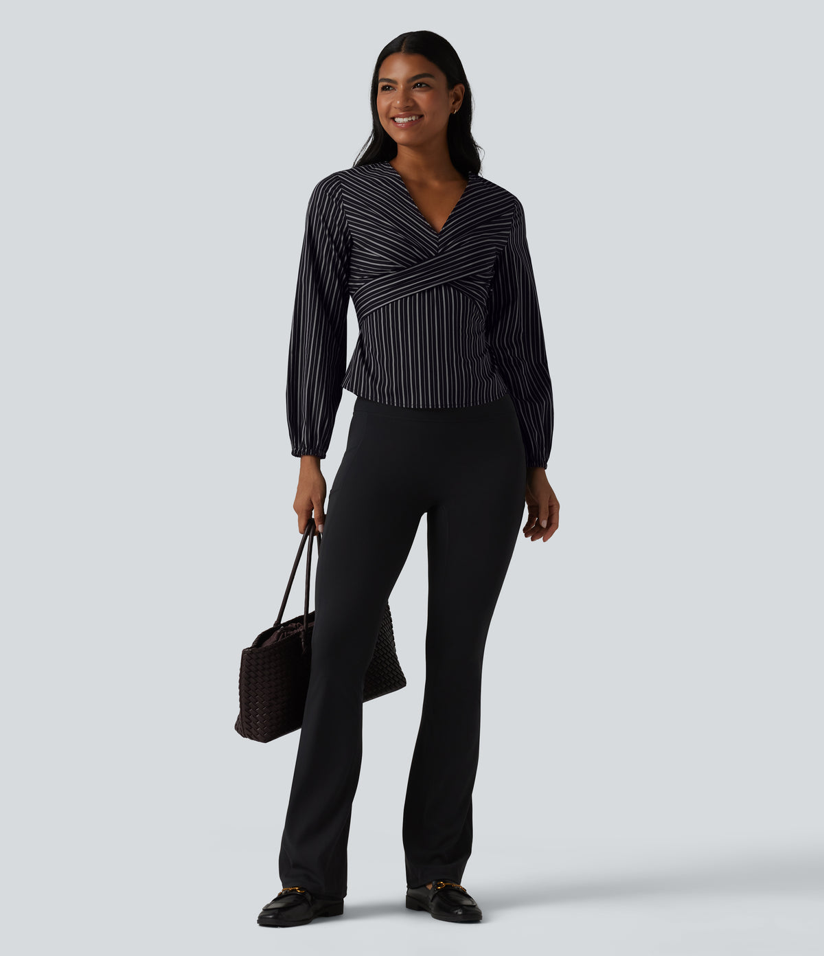 V Neck Long Sleeve Tie Back Stripe Work Blouse — Ebony Line Stripe — view 6