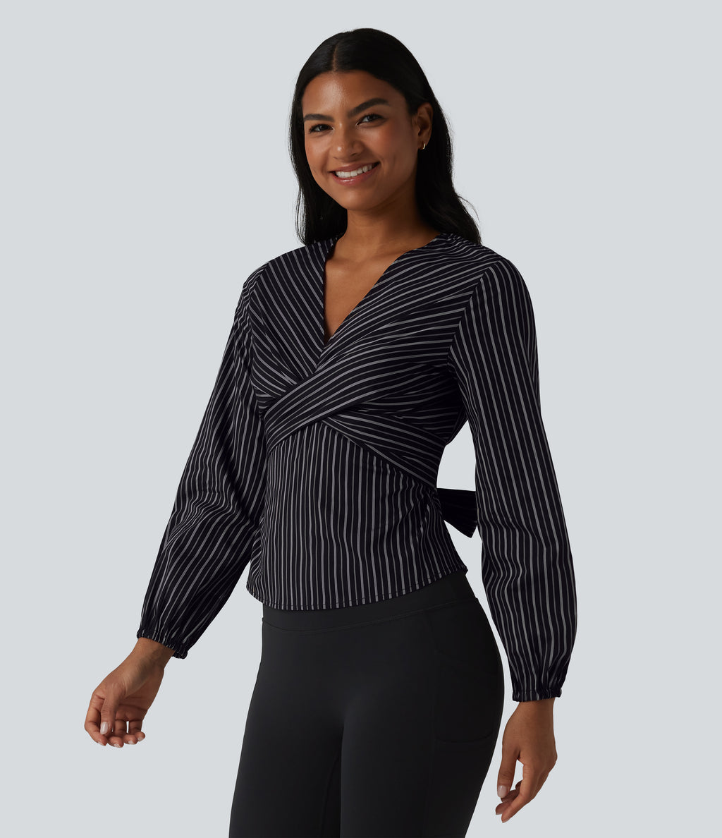 V Neck Long Sleeve Tie Back Stripe Work Blouse — Ebony Line Stripe — view 4