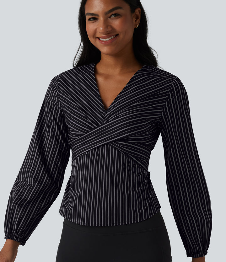 V Neck Long Sleeve Tie Back Stripe Work Blouse — Ebony Line Stripe — view 1