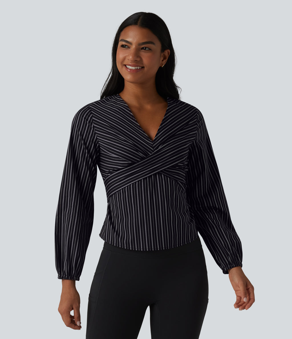 V Neck Long Sleeve Tie Back Stripe Work Blouse — Ebony Line Stripe — view 3