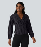 V Neck Long Sleeve Tie Back Stripe Work Blouse — Ebony Line Stripe — view 3