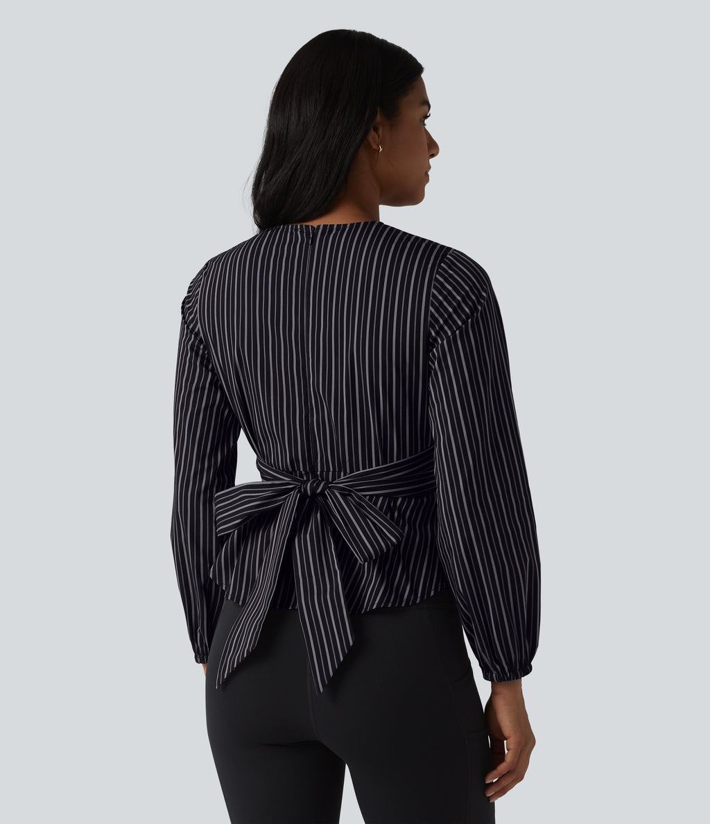 V Neck Long Sleeve Tie Back Stripe Work Blouse — Ebony Line Stripe — view 2