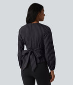V Neck Long Sleeve Tie Back Stripe Work Blouse — Ebony Line Stripe — view 2