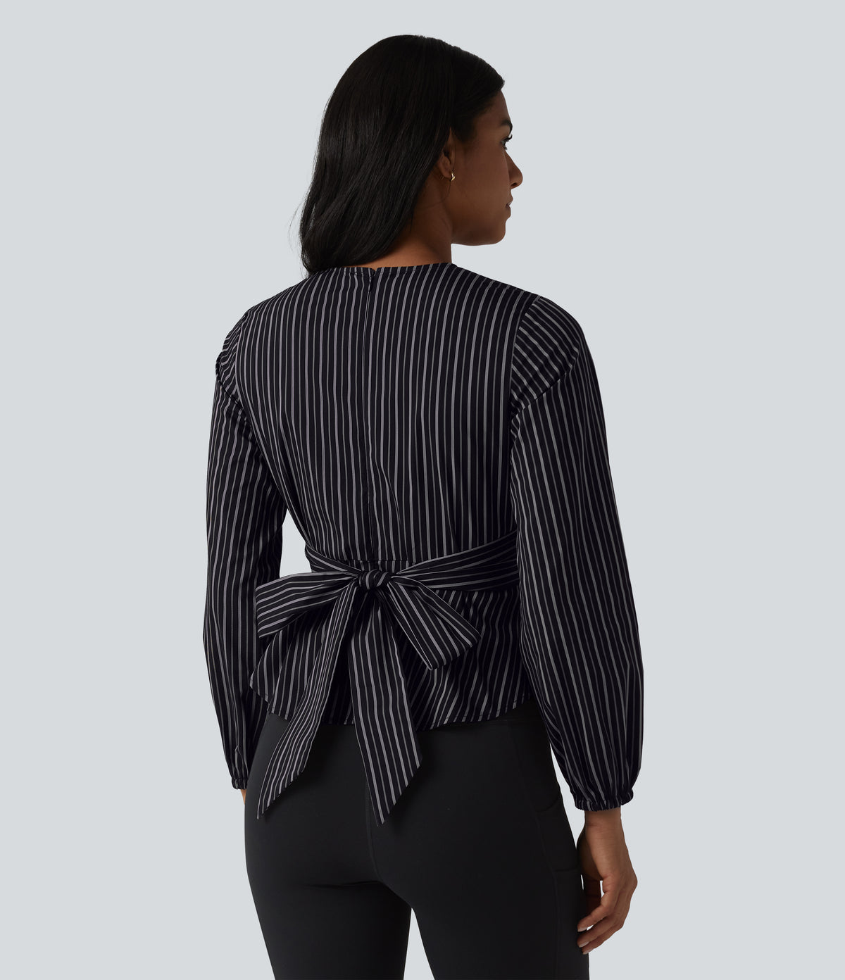 V Neck Long Sleeve Tie Back Stripe Work Blouse — Ebony Line Stripe — view 2