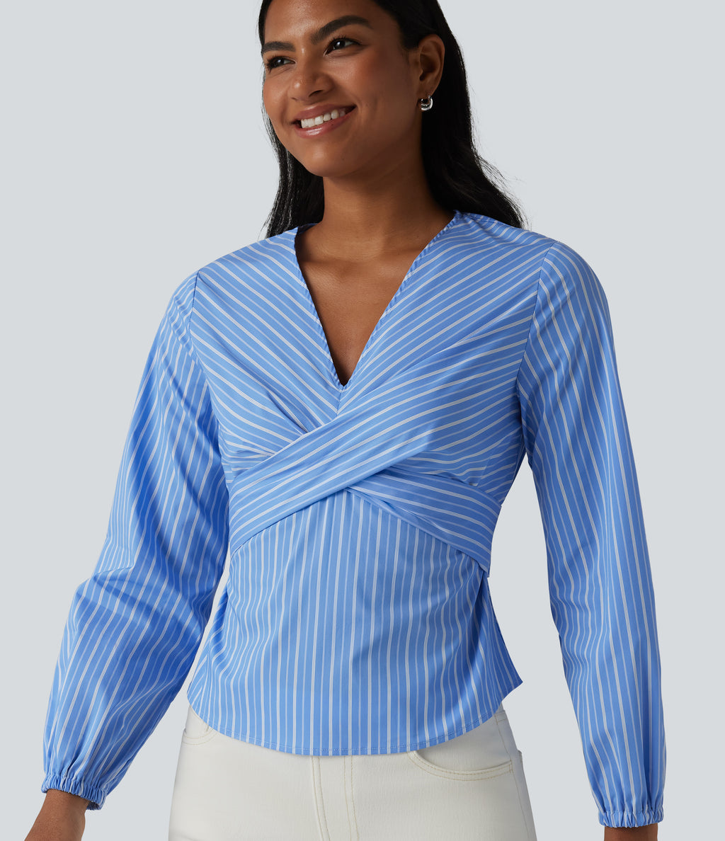 V Neck Long Sleeve Tie Back Stripe Work Blouse — Breeze Blue Stripe — view 7