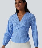 V Neck Long Sleeve Tie Back Stripe Work Blouse — Breeze Blue Stripe — view 7