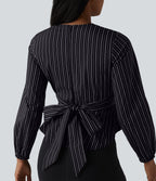 V Neck Long Sleeve Tie Back Stripe Work Blouse — Ebony Line Stripe — view 5