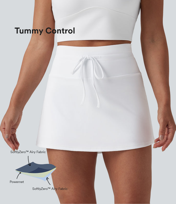 Airy High Waisted Drawstring Tummy Control 2-in-1 InstantCool Mini Tennis Skirt with Pockets — White — view 1