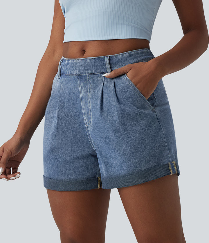 Mid Rise Rolled Hem Denim Casual Shorts with Pockets — Blue Jasper Denim — view 1