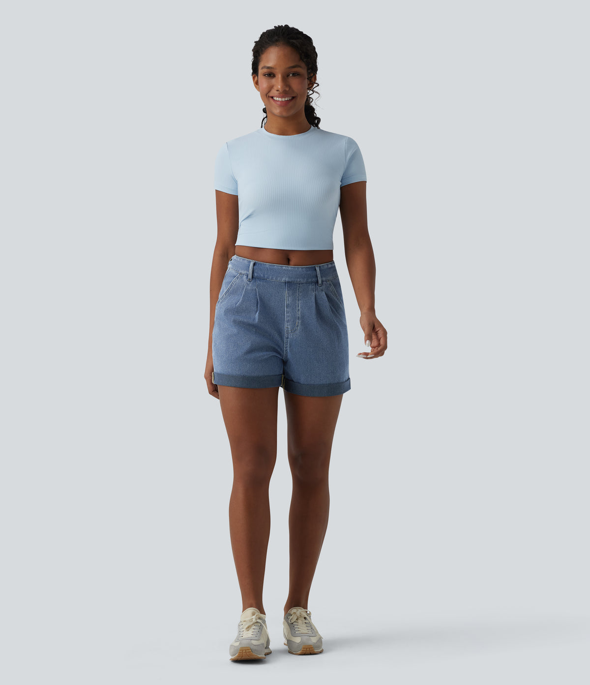 Mid Rise Rolled Hem Denim Casual Shorts with Pockets — Blue Jasper Denim — view 7